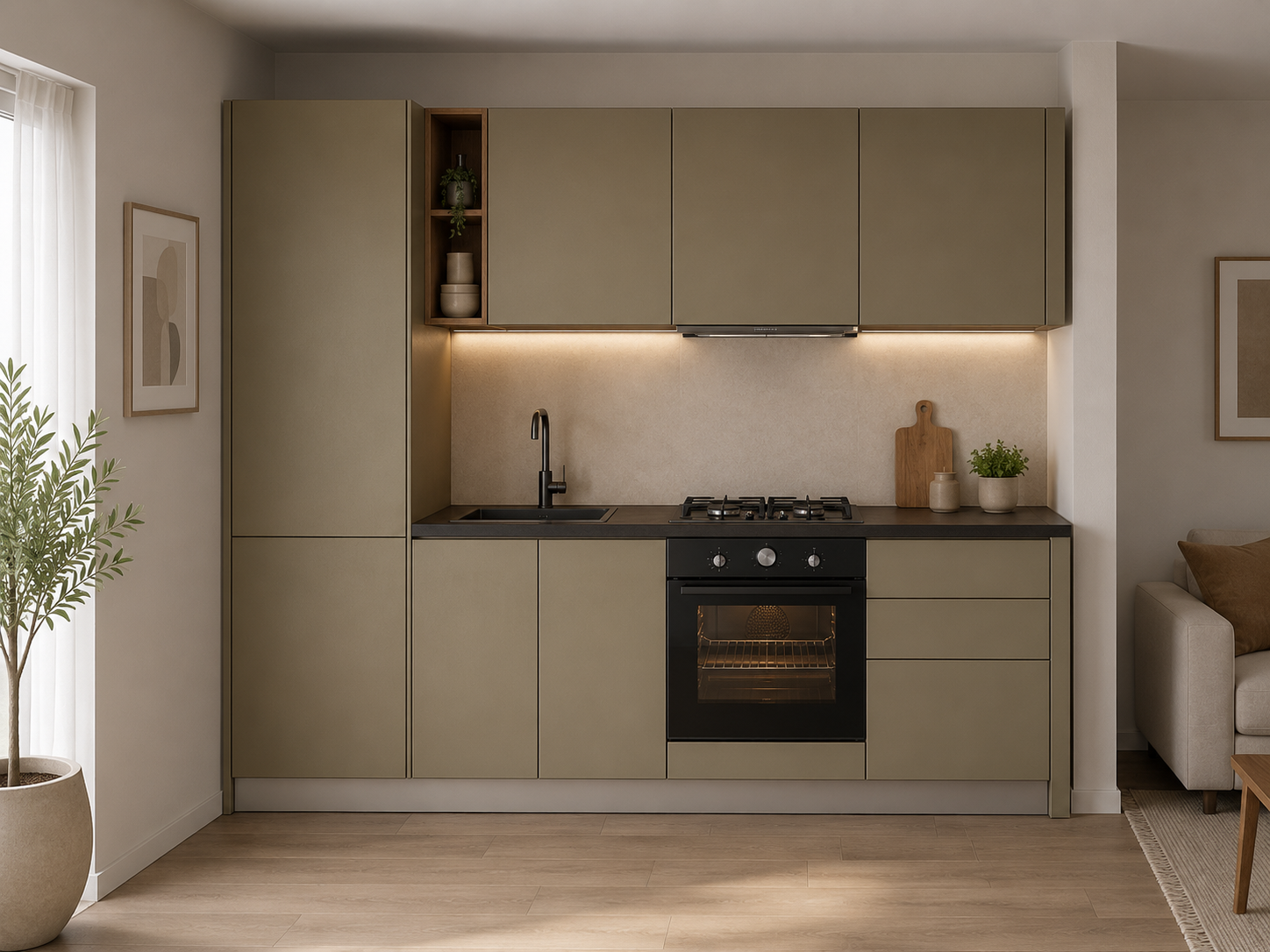 Bucătărie MDF Standard Bucatarie9 cu profil Gola, fronturi mate și electrocasnice încorporate